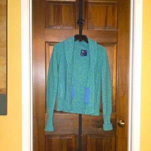 American Eagle Outfitters Blue/Green Cardigan with High Collar and Fitted Style